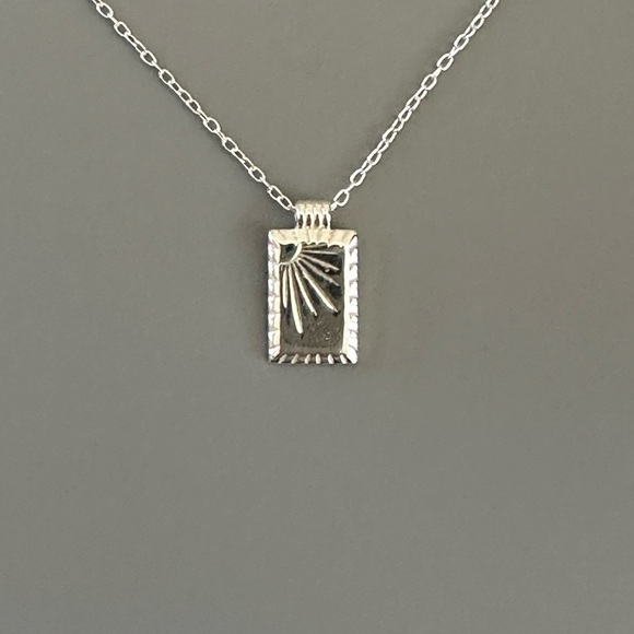 Sterling Silver Rectangle Tag Rising Sun Necklace - Picture 4 of 9